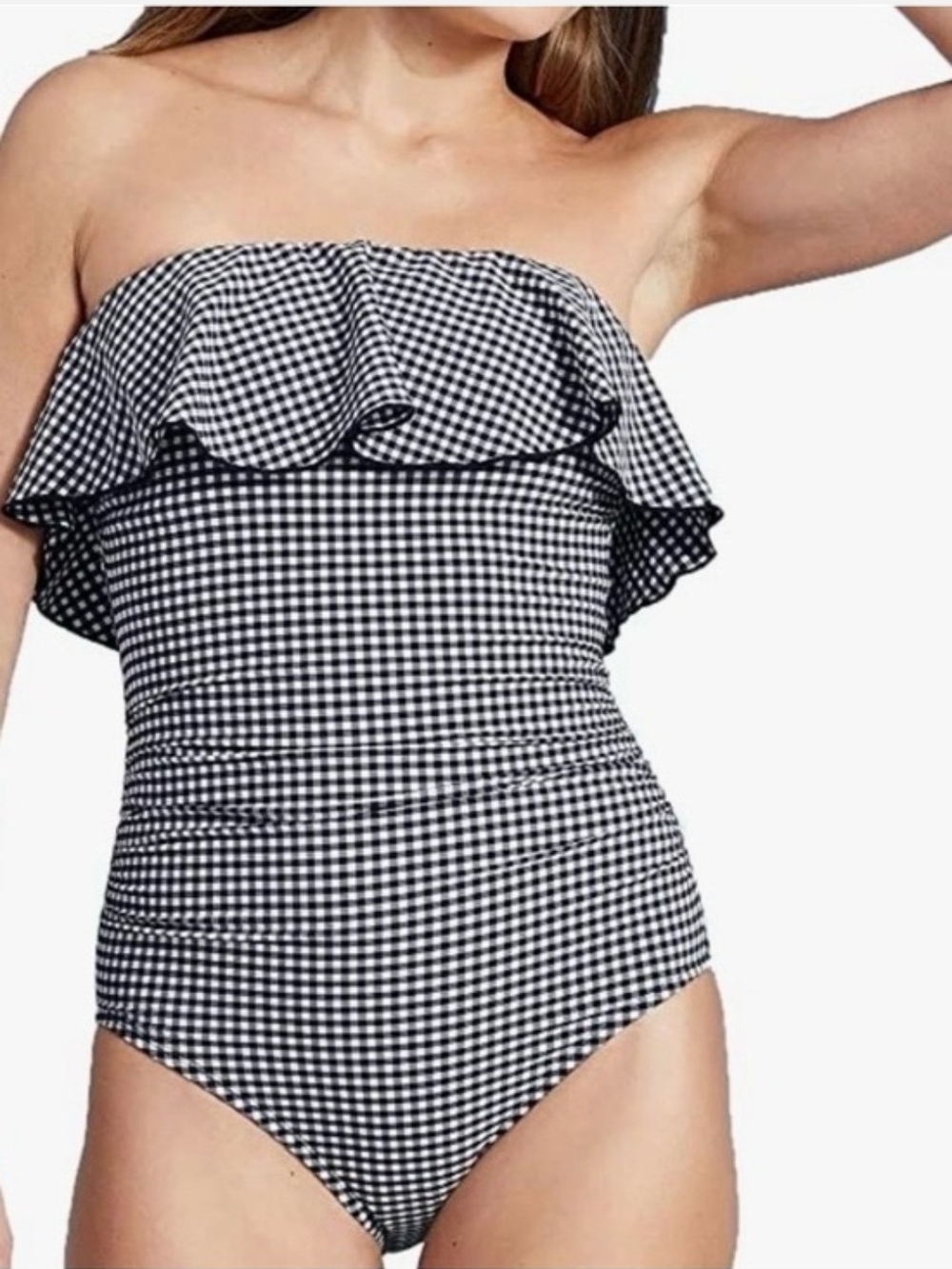Kona Sol Black & White Gingham Strapless Ruffle One-Piece